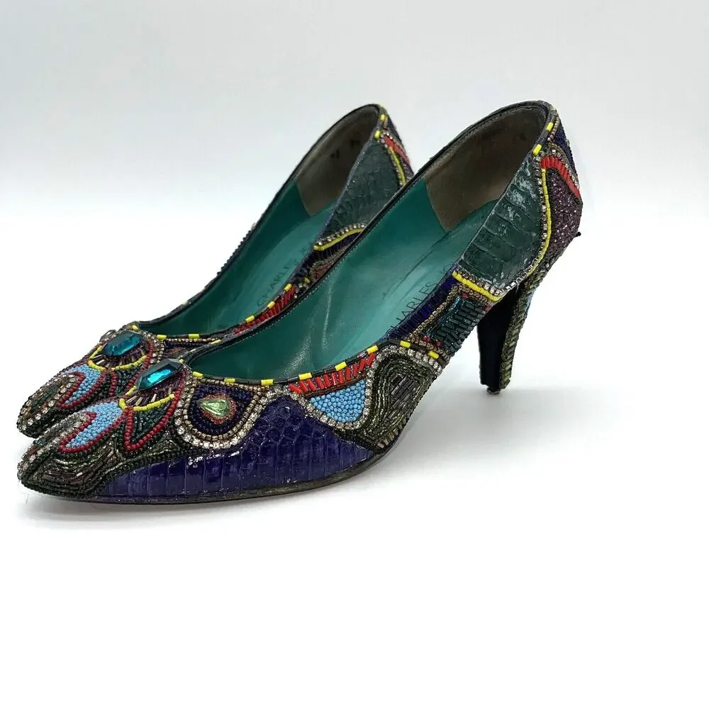 Bradley Levin Beaded Heels Womens 8 Charles Jourdan 80s 90s Vintage Rare Unique - Picture 14 of 15